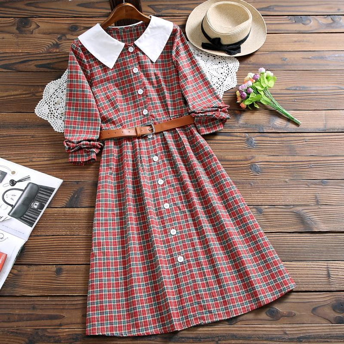 Japan Style Mori Girl Checked Vintage Dress Autumn and Winter Women Long Sleeve Red Plaid Cotton Long Dresses