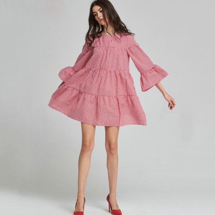 Autumn Women O-neck Three Quarters Check Plaid Loose Pattern Plus Size Cotton Dress Red Over Sized Clothing FS0831