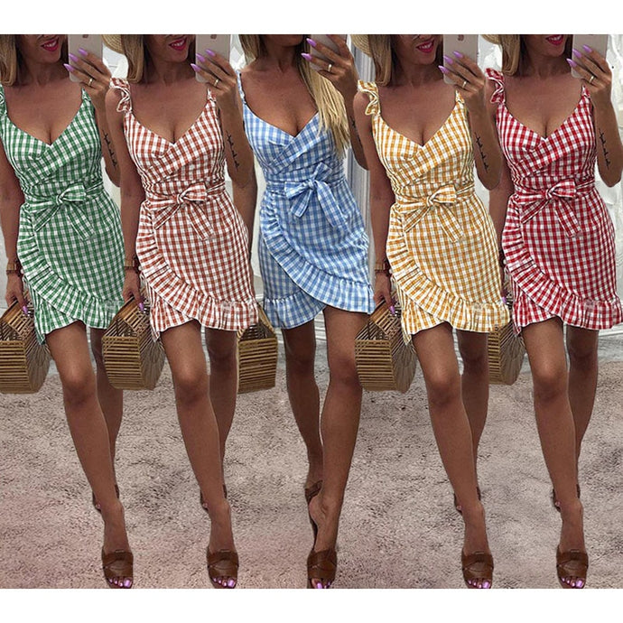 2019 New Summer Red Plaid Dress backless Vintage Beach Boho Streetwear Ruffles Spaghetti Strap Sexy Party Dress check Women