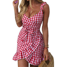 Load image into Gallery viewer, 2019 New Summer Red Plaid Dress backless Vintage Beach Boho Streetwear Ruffles Spaghetti Strap Sexy Party Dress check Women